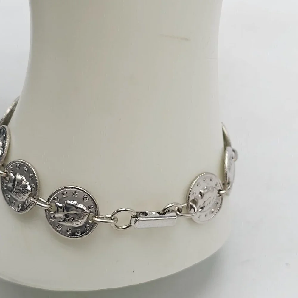 Silver Tone Coin Charm Bracelet With Leaf Embossed Design 7 Inches Lobster Clasp